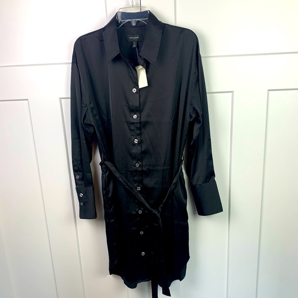 NWT Banana Republic Factory Large Tall LT Black Satin Shirt Dress Button Front - Picture 1 of 6